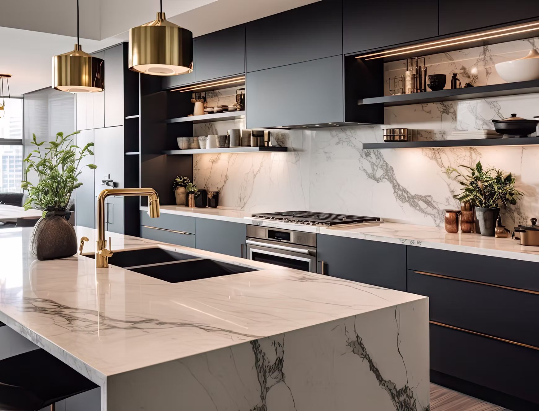 Luxury kitchen with marble counters and gold fixtures — custom home by Treacy Brothers